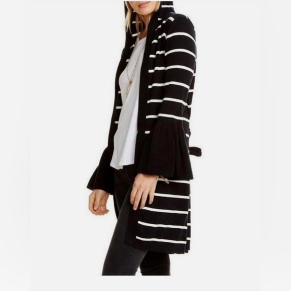 CHASER HOODED STRIPED BELTED CARDIGAN SWEATER BLACK & WHITE NEW WITH TAGS M - Picture 2 of 4